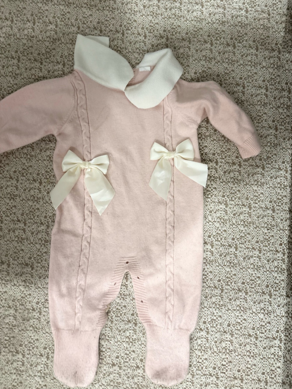 Anthropologie Pink Knit Baby One-Piece with Cream Bows (6 footies included)